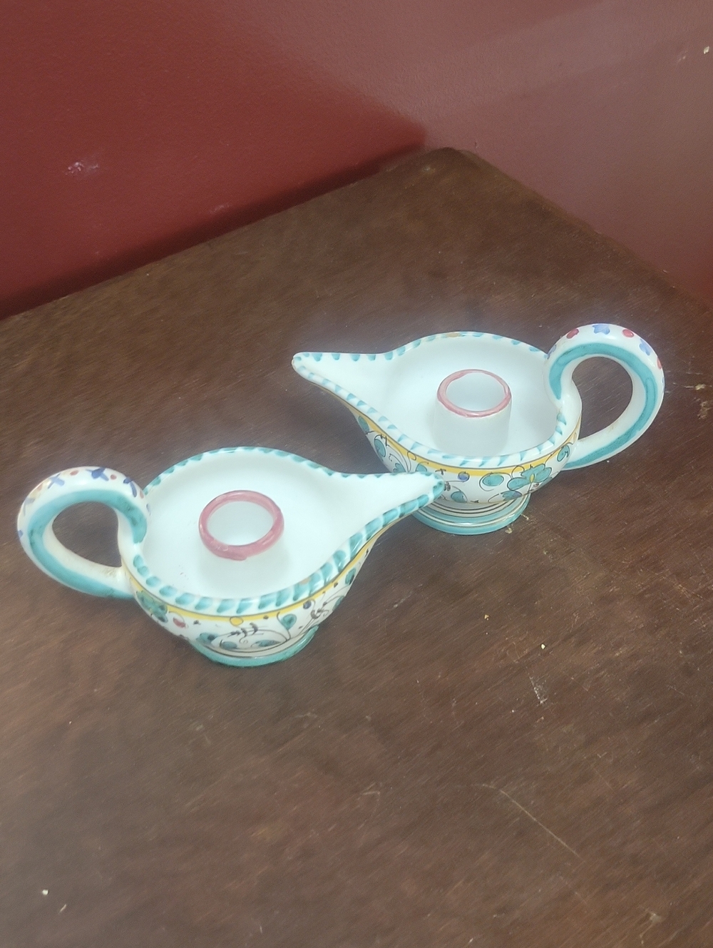 DERUTA ITALY Hand-Painted Turquoise/White Ceramic Candle Holders Genie/Aladdin
